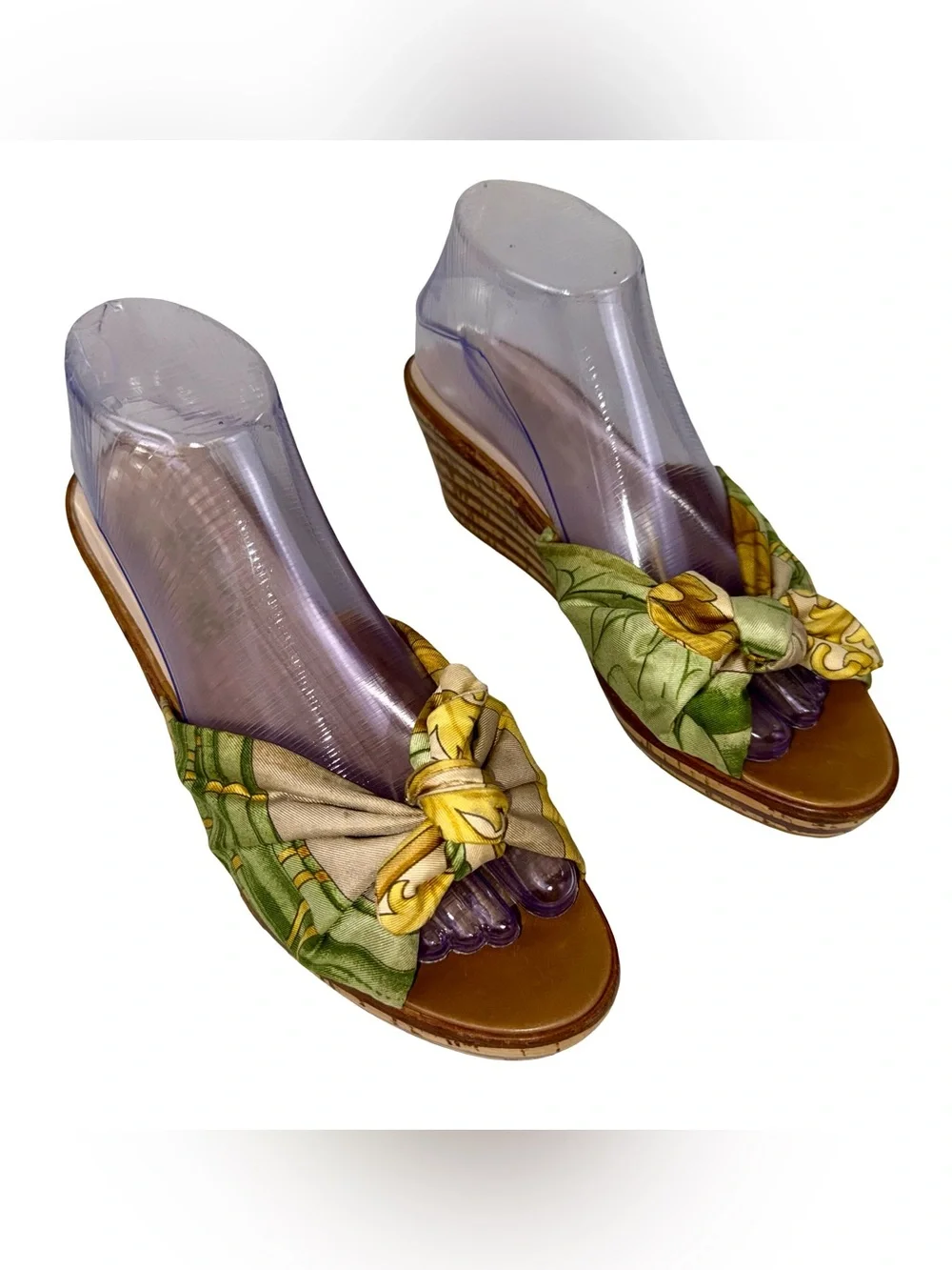 FERRAGAMO SILK SCARF WEDGE SANDALS